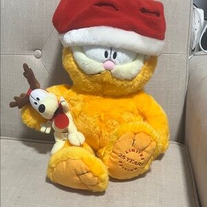 Macy's Yellow Garfield Plush with Red Santa Hat and Reindeer